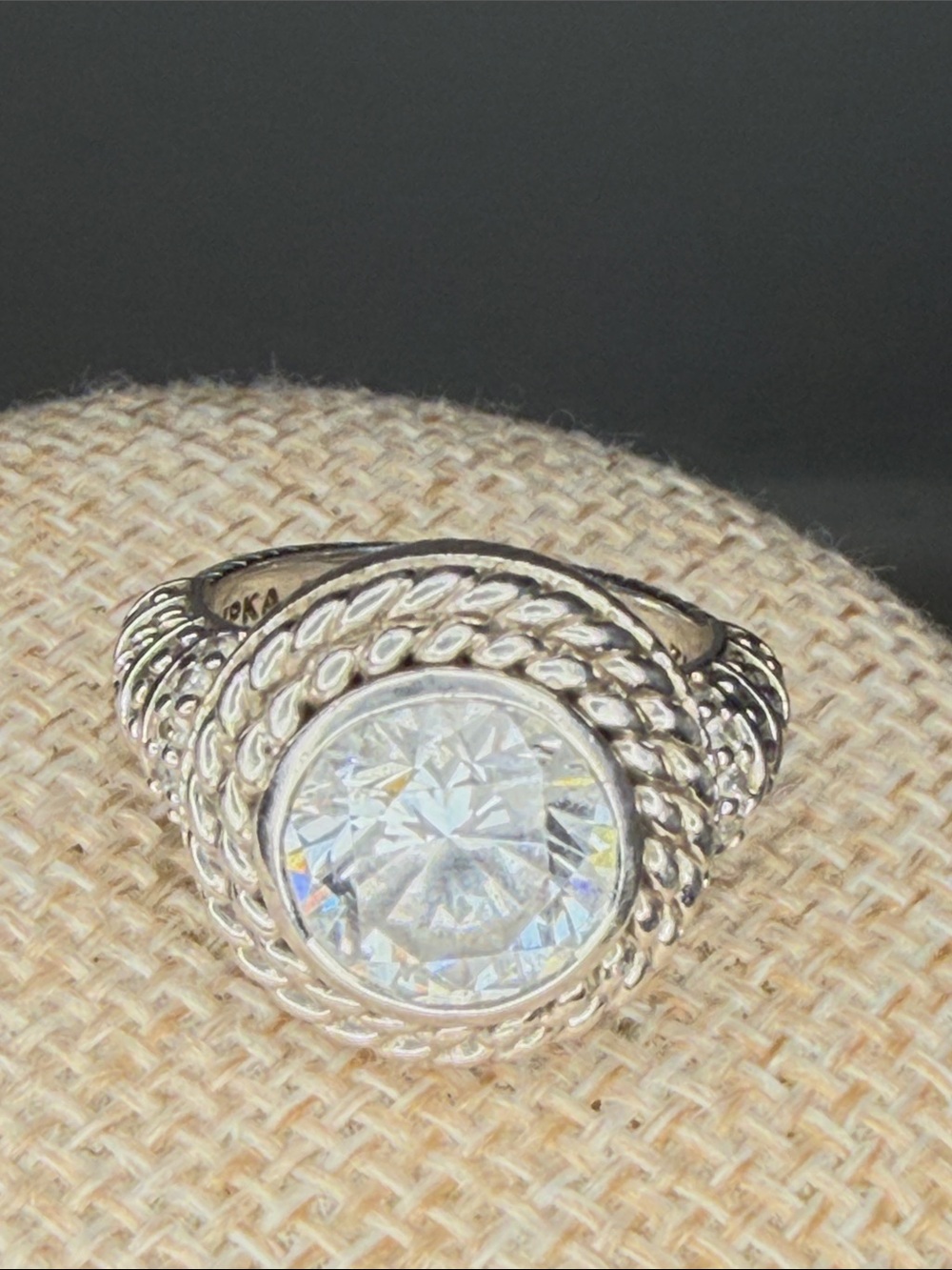 Sterling Silver White CZ Rope-Detail Cocktail Ring Sz 6